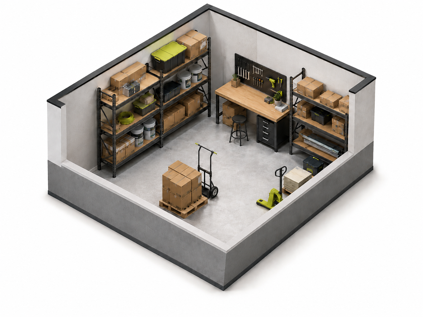 Isometric layout of a small flex warehouse unit with shelving, boxes, tools, desk, and carts
